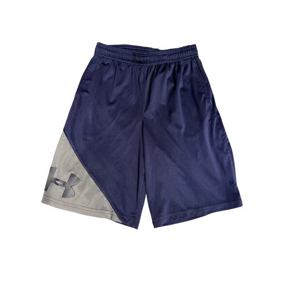 Under Armour Size Medium Athletic Shorts‎ Boy Drawstring Navy Blue Grey Pockets - Picture 1 of 5
